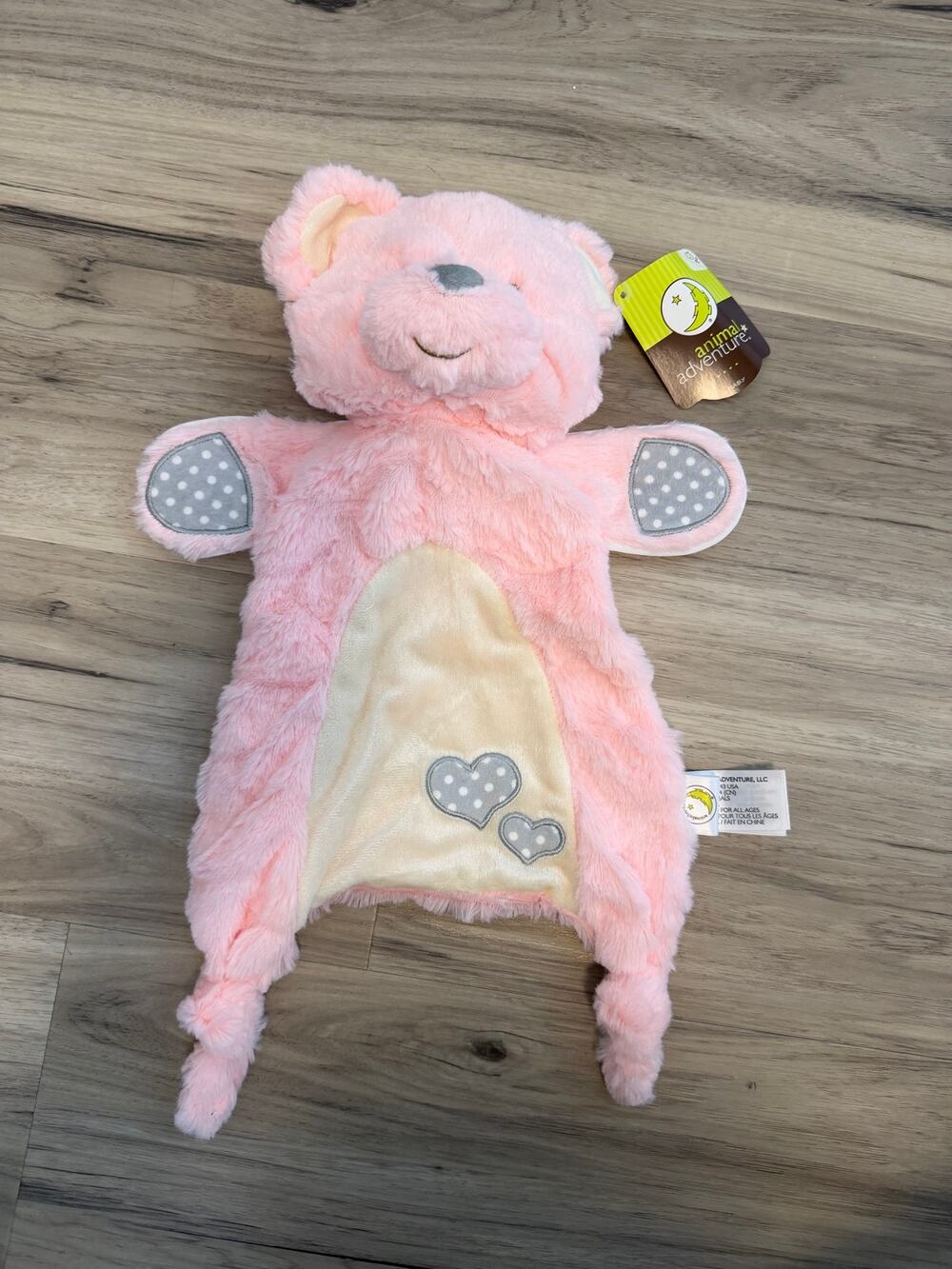 NWT 2018 Animal Adventure Plush & Gray Pink Bear Lovey Security Blanket Hearts